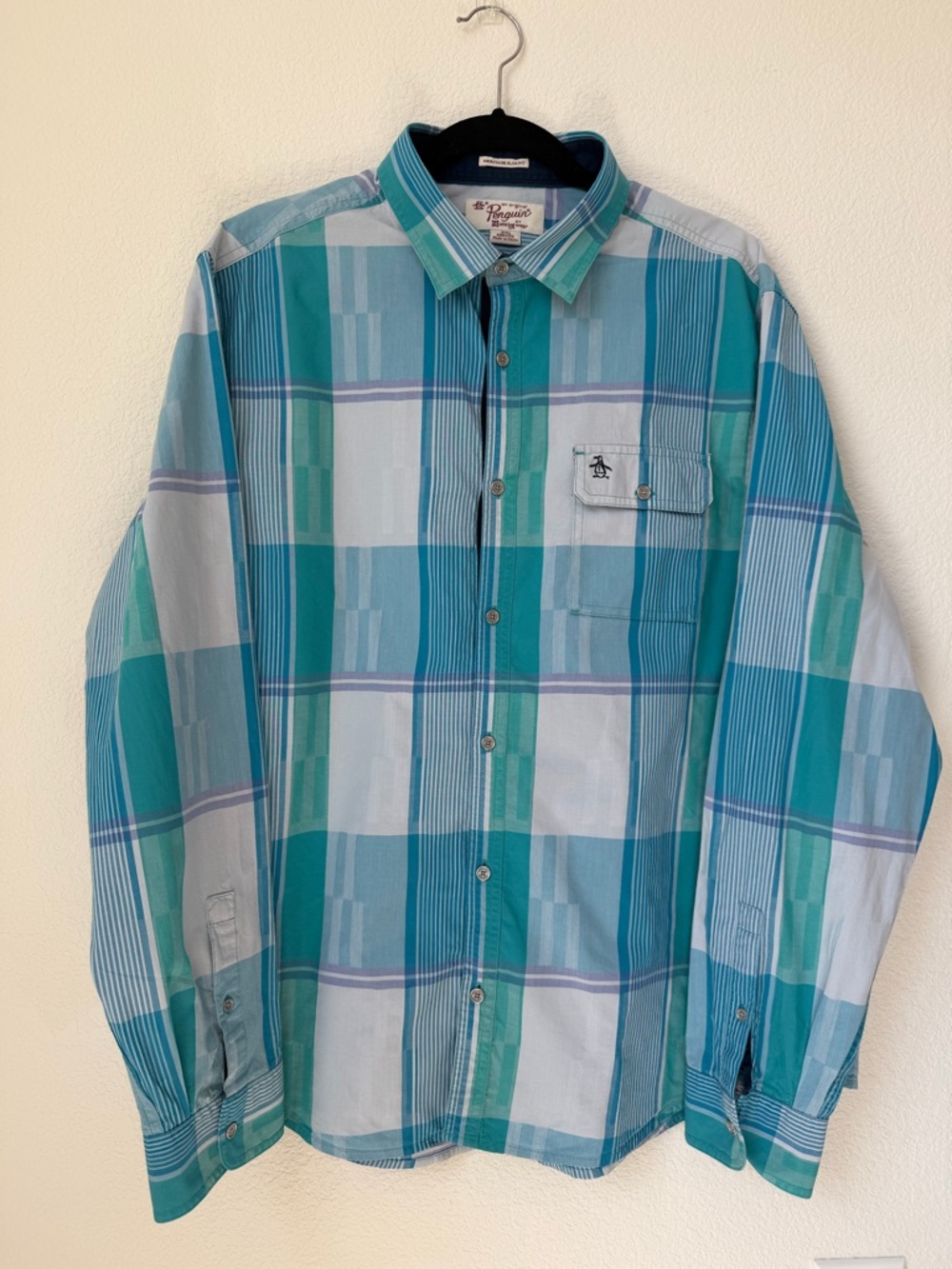 Original Penguin Teal & Light Blue Plaid Botton-Up Shirt XXL